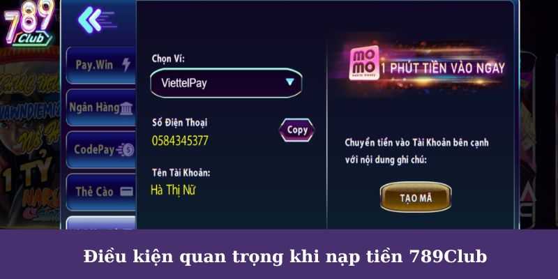 Các điều kiện khi nạp tiền vào nhà cái