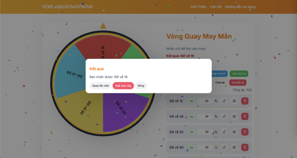 Kêt quả khi quay vòng quay may mắn chọn số: Đề về 16